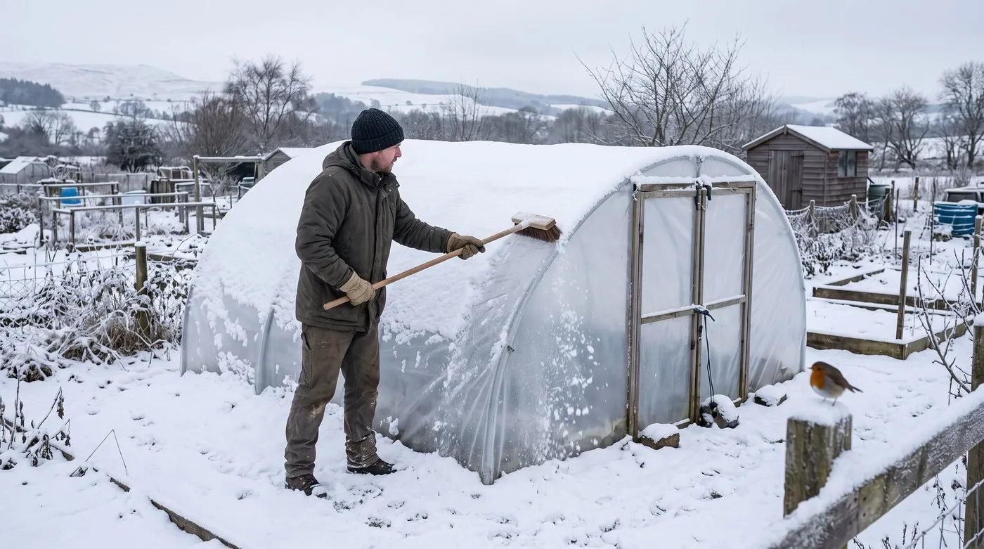 Gardener brushing snow off the side of a polytunnel with a soft broom on a snowy allotment