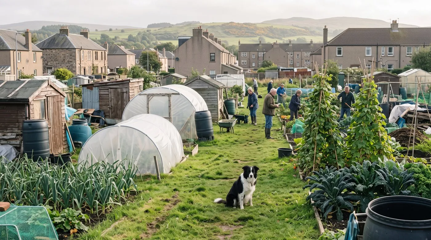 Small polytunnels on neighbouring allotment plots with leeks, kale and bean canes