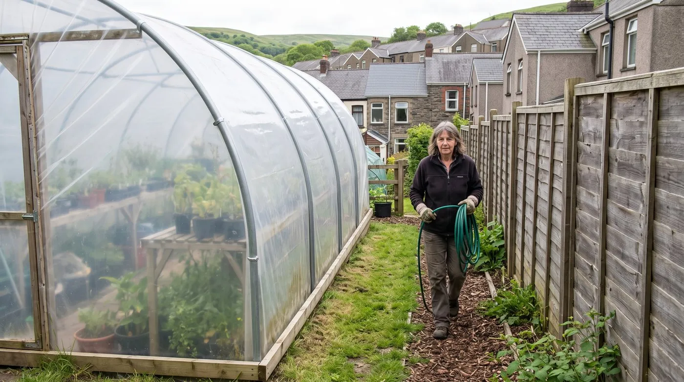 Gardener walking along a grassy gap between a polytunnel and a wooden boundary fence
