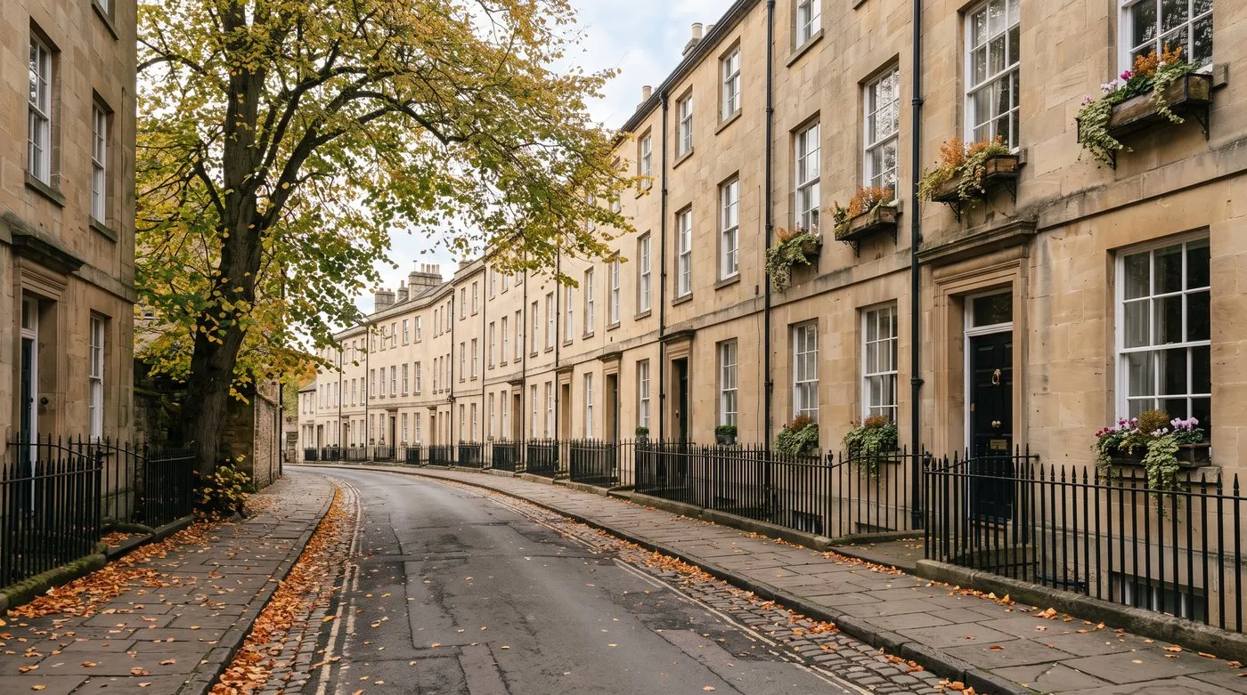 Historic stone terraced street with sash windows and iron railings in a conservation area