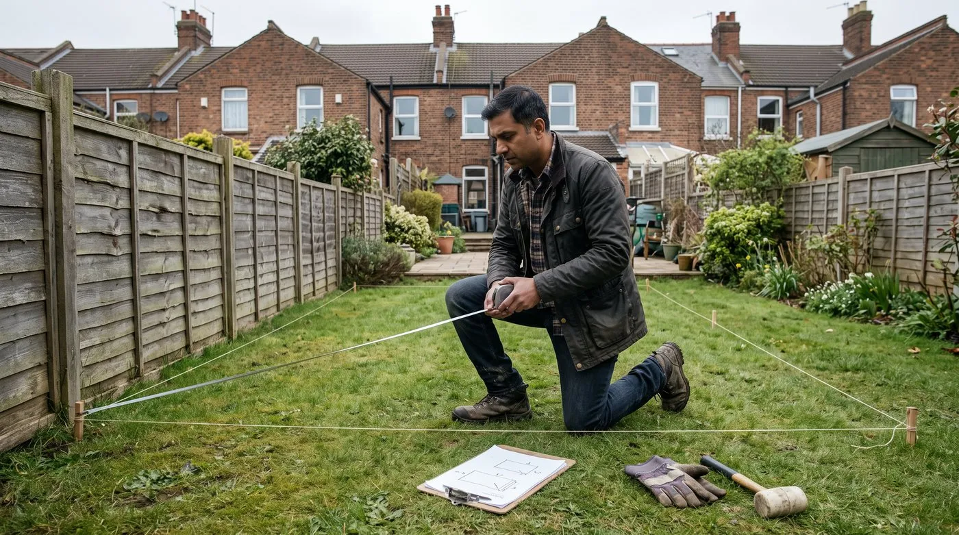 Man measuring from a garden fence to pegs and string marking out a polytunnel site