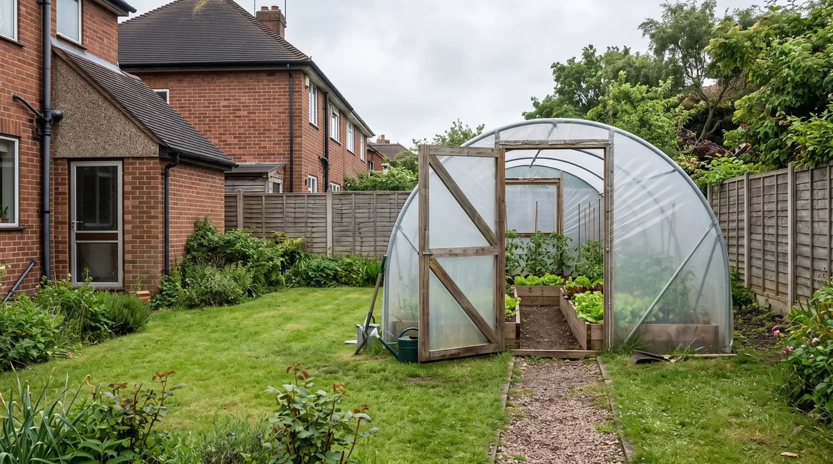 Polytunnel set back from the fence at the end of a suburban back garden behind a brick semi