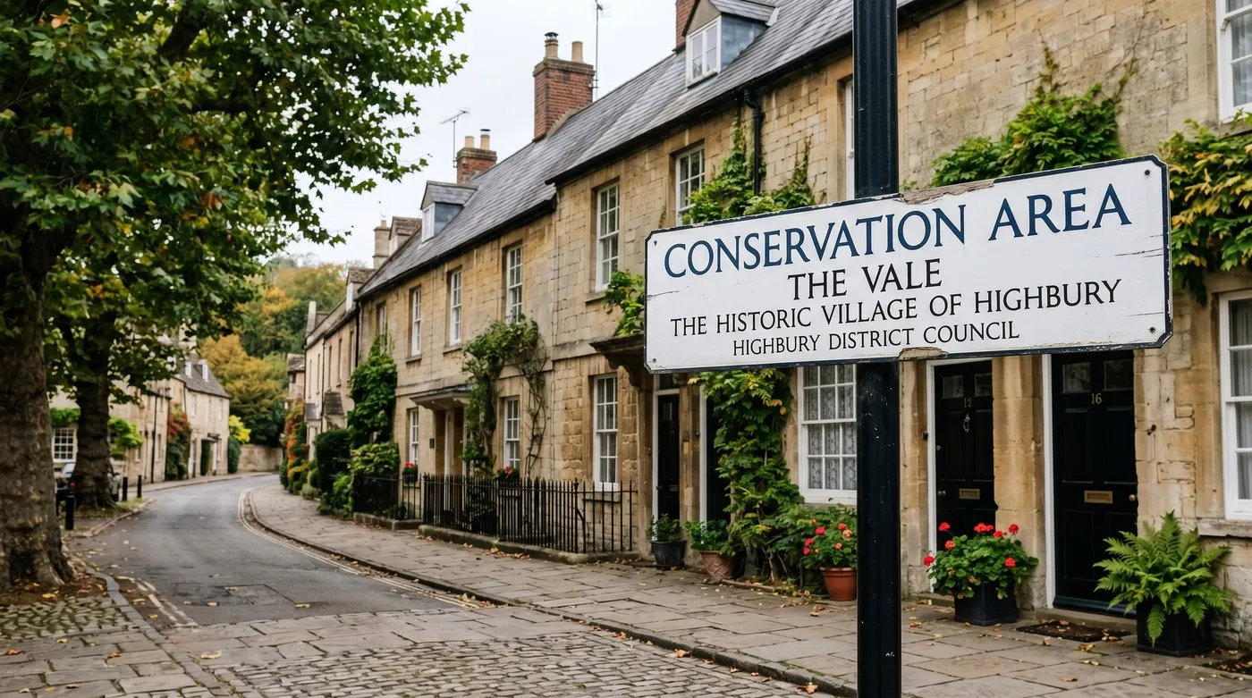 Conservation area street sign in a UK village with mature trees