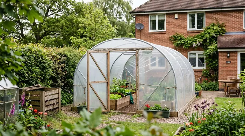 Mid-size polytunnel in a UK back garden with raised beds and a measuring tape against the ridge