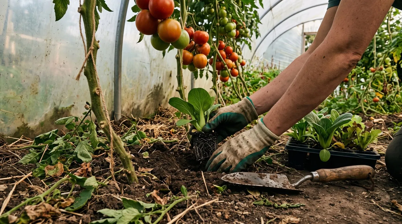 Gloved hands planting a pak choi module between cordon tomato plants in a polytunnel bed