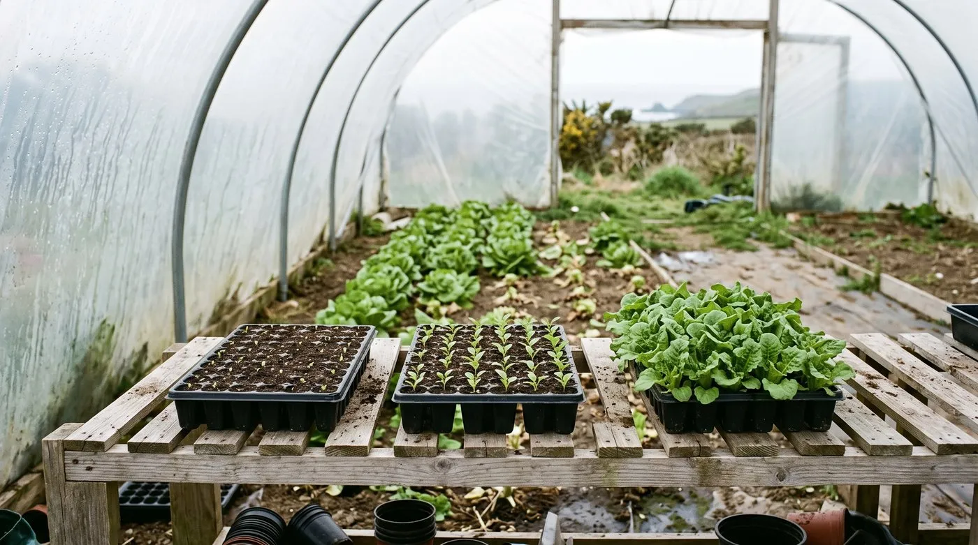 Three trays of lettuce seedlings at different ages on polytunnel staging for succession sowing