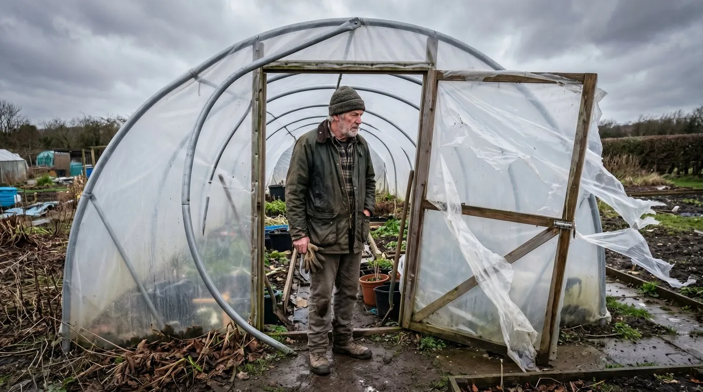 UK gardener inspecting a polytunnel after a winter storm - one panel of polythene torn loose from the door frame, the metal hoop bent slightly