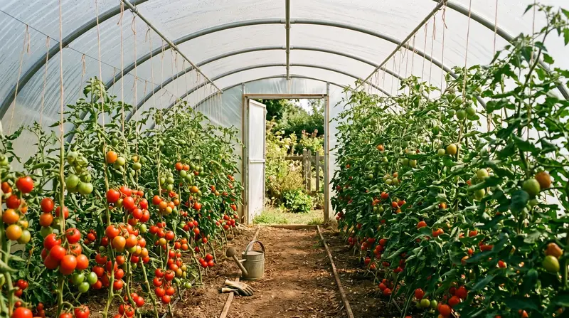 Tomato plants laden with fruit inside a UK polytunnel with condensation on the plastic roof and the door propped open for