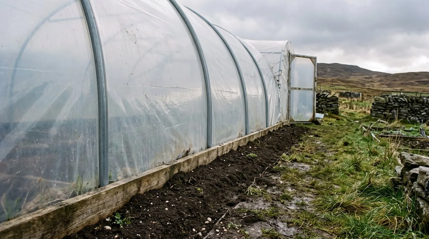 Polytunnel cover pulled tight and fixed to a timber base rail on an exposed Scottish allotment