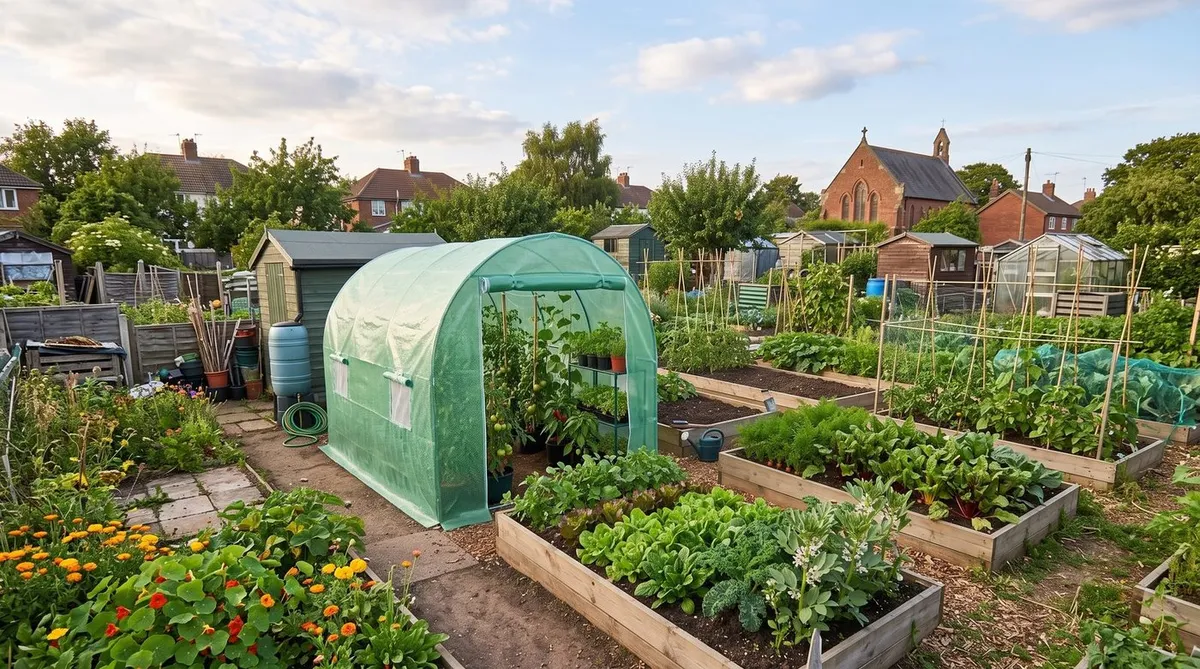 Polytunnel on a UK allotment surrounded by raised vegetable beds in summer