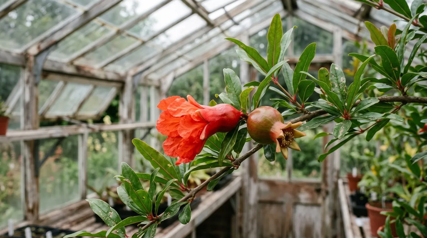 Scarlet pomegranate flower with a fleshy red calyx beside a small fruit forming