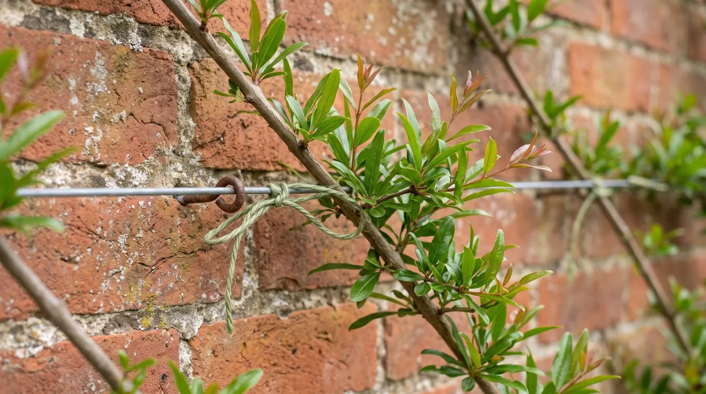Young pomegranate branches tied at an angle to wires held off a warm brick wall
