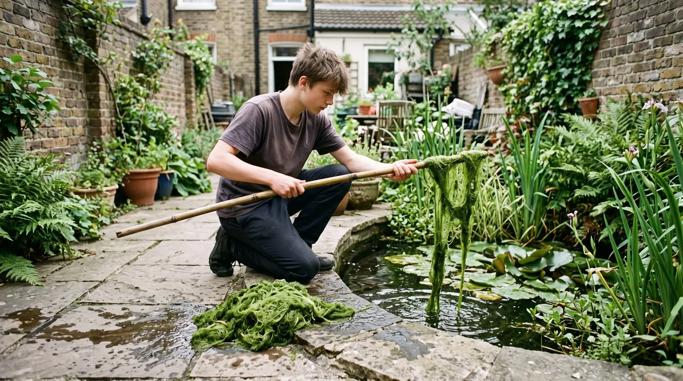 Boy twisting stringy green blanketweed around a cane to lift it out of a garden pond