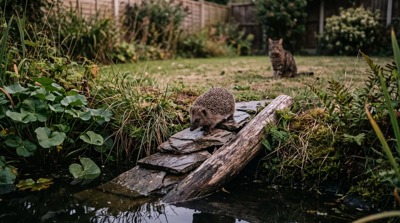 Hedgehog climbing a sloping ramp of stones out of a garden wildlife pond at dusk