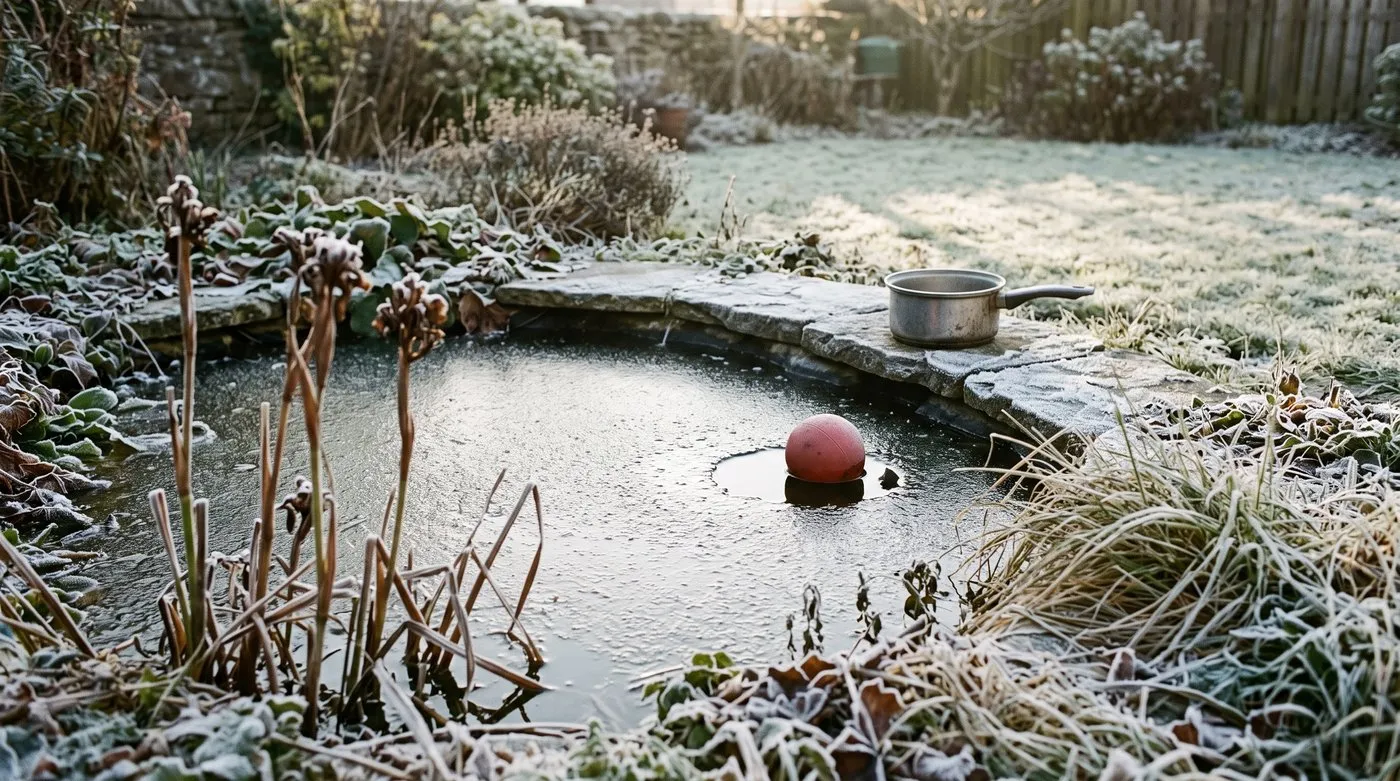 Frozen garden pond with a floating ball keeping a small hole open in the ice on a frosty morning