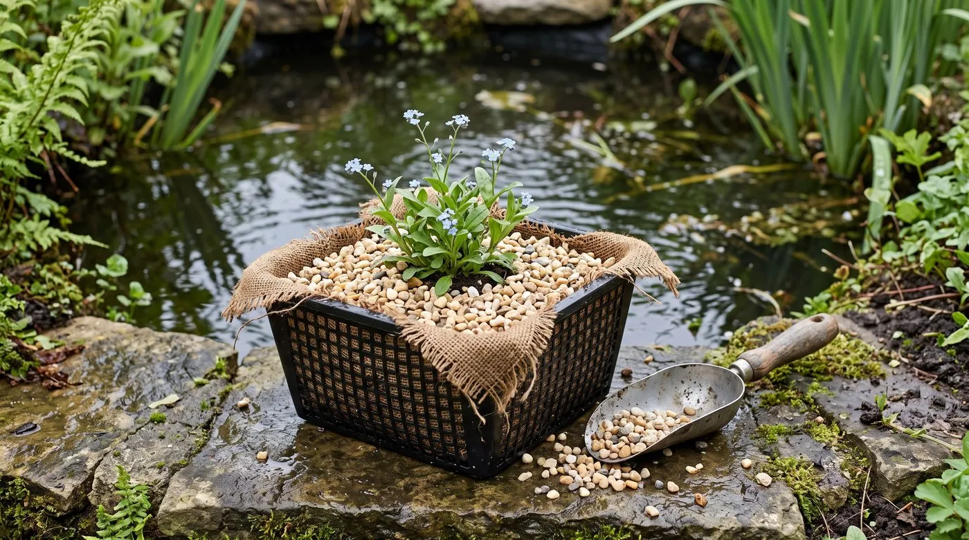 Pond plant in a hessian-lined aquatic basket of compost topped with pea gravel, ready to lower in
