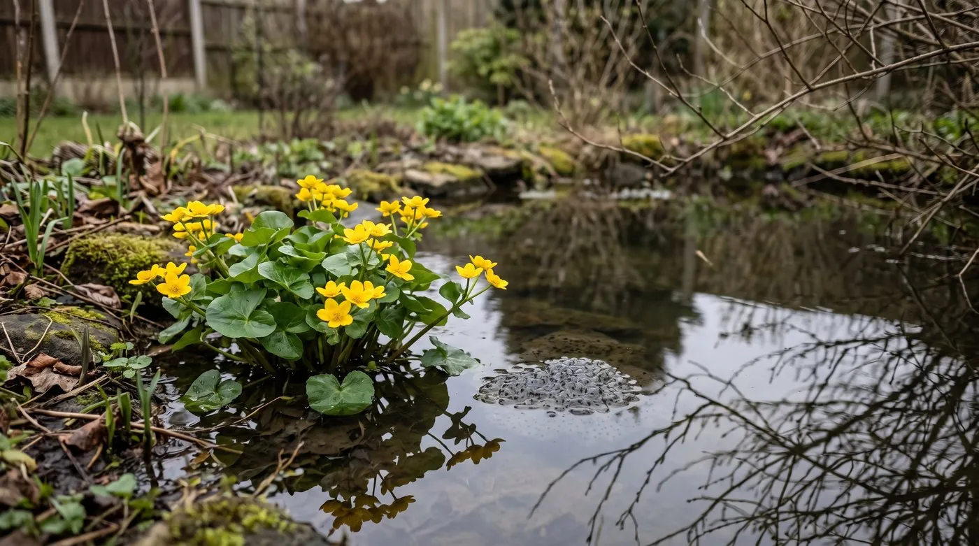 Golden marsh marigold flowering in the shallows at the edge of a wildlife pond in early spring