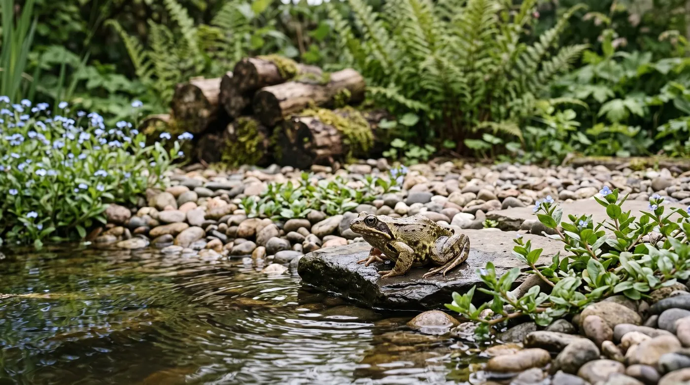 Pebble beach sloping into a wildlife pond, with a frog basking on a flat stone among marginal plants