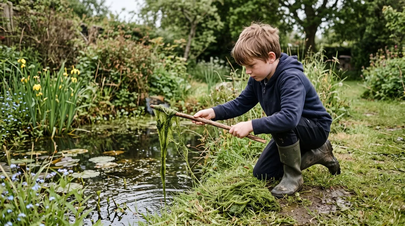 Boy twirling blanketweed out of a wildlife pond on a stick and leaving it on the bank