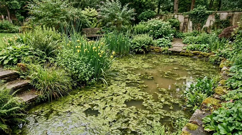 Green algae-covered pond water showing typical pond problems in a UK garden