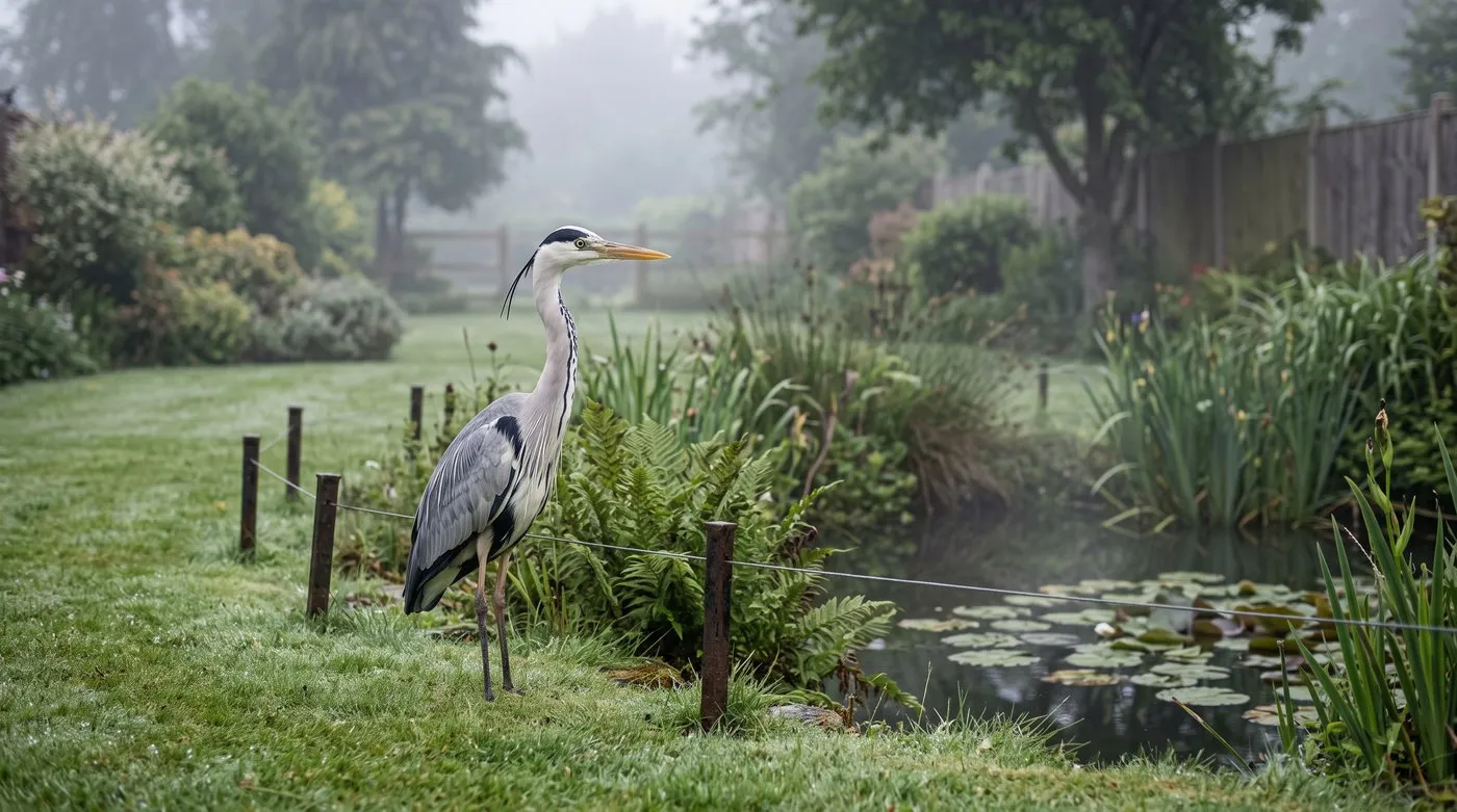 Grey heron on a lawn next to a garden pond protected by a low wire around the edge