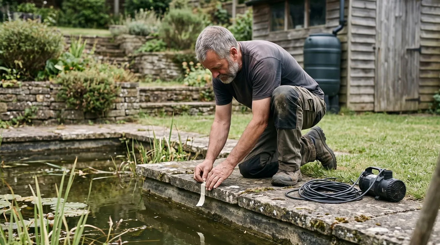 Man marking a pond's water level with tape on the edging to test for a leak