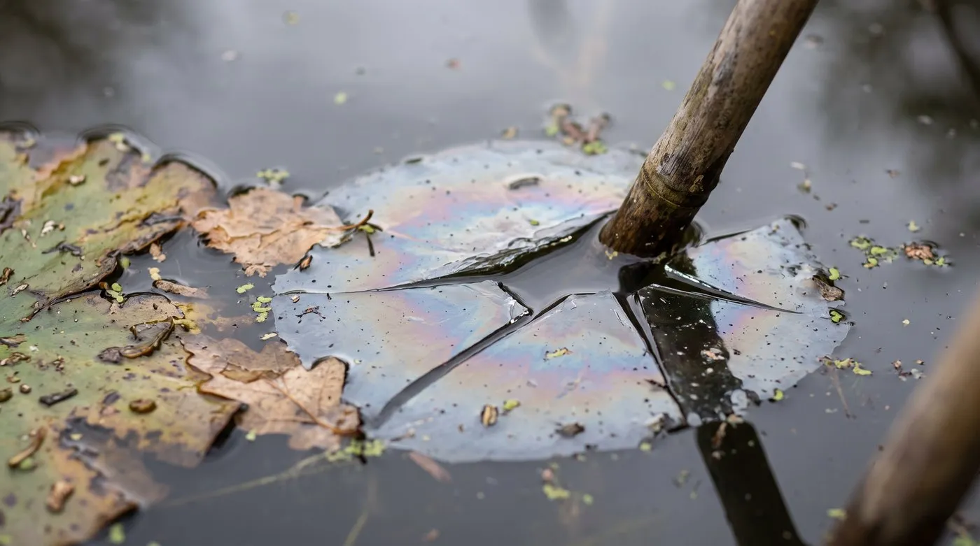 Natural bacterial film on a pond breaking into flat jagged pieces when poked with a cane