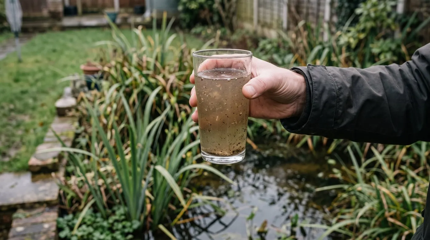 Glass of brown, cloudy pond water held up to the light to check for sediment