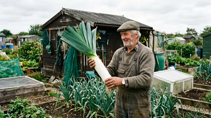 A north-east England grower holding up a thick barrel-shaped prize pot leek with a long white blanch