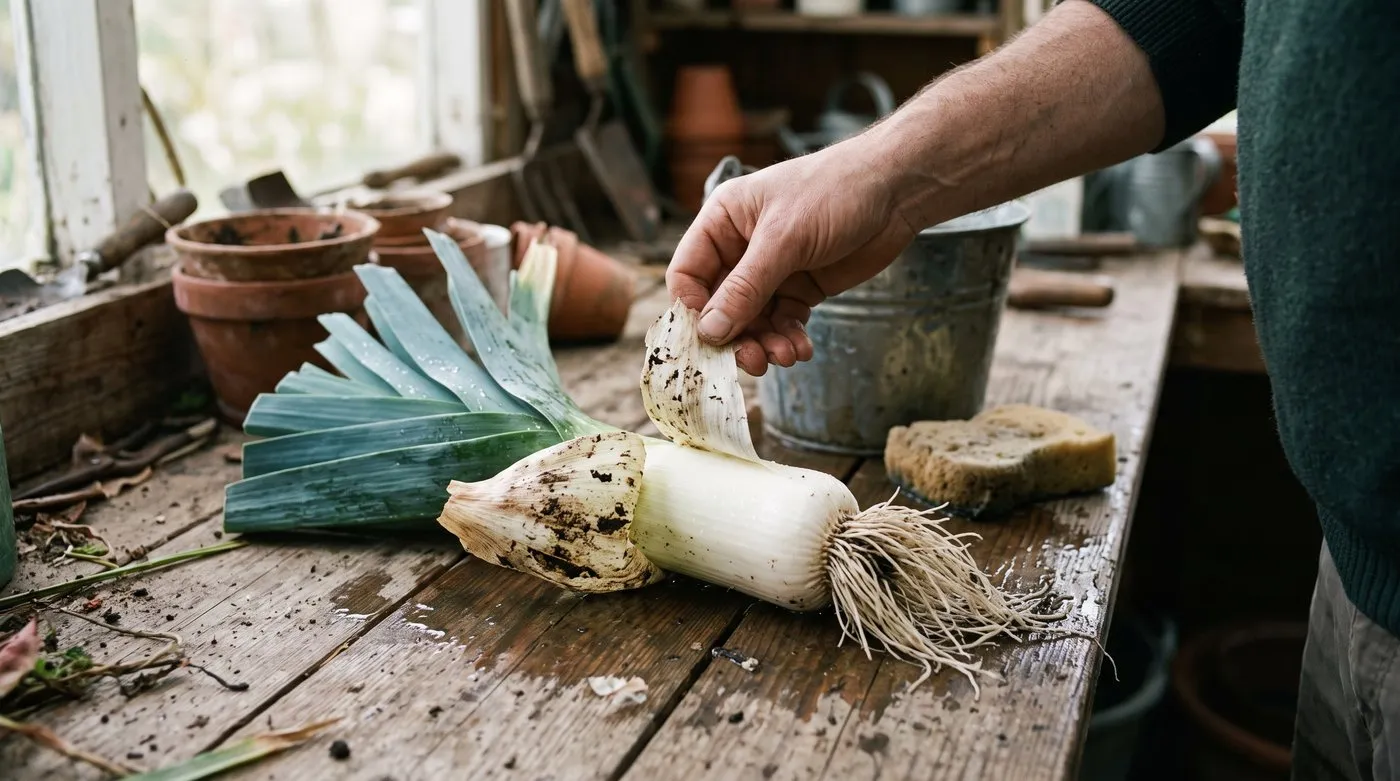 Hands peeling a damaged outer skin from a short, thick pot leek on a potting bench