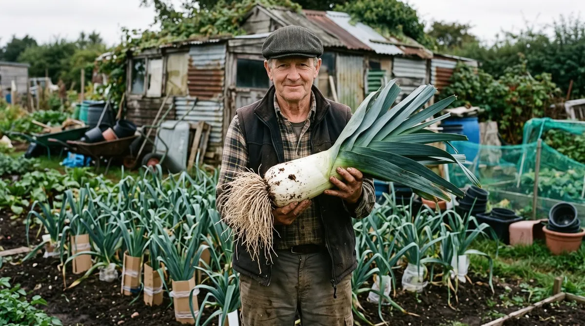 Allotment grower holding up a short, very thick pot leek with a barrel-shaped white stem