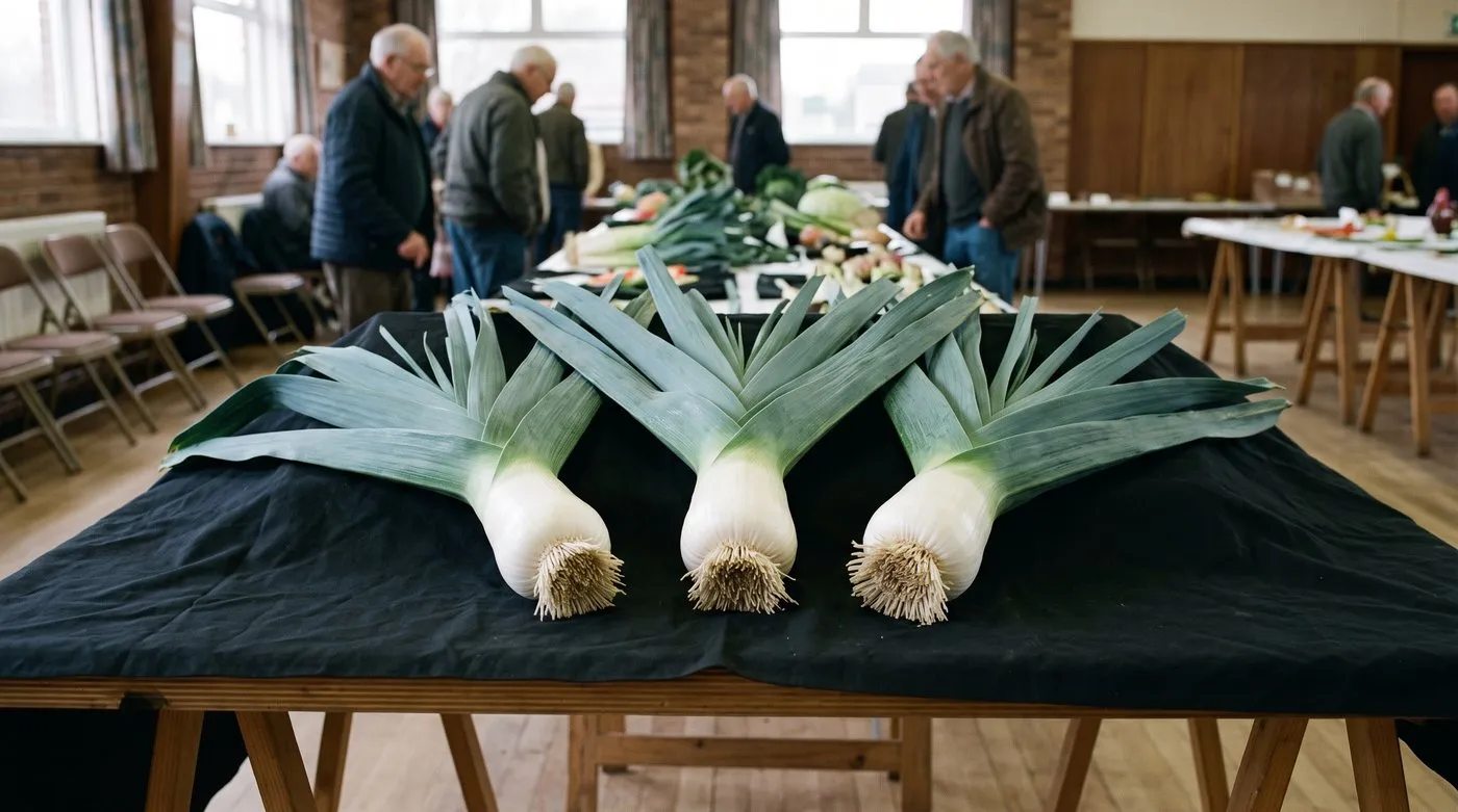 Three matched pot leeks with short, thick white barrels staged on black cloth at a leek show
