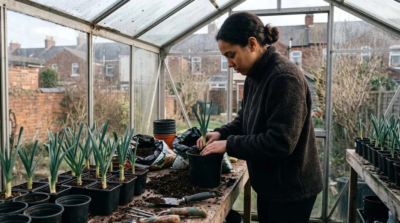 Young pot leek plants in individual pots on a greenhouse bench being potted on in late winter