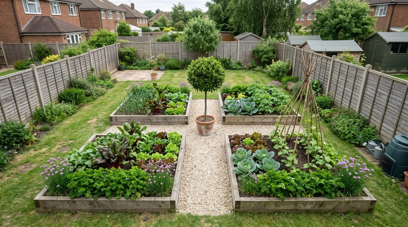 Four-bed potager layout with raised beds around a central cross of gravel paths and a bay tree