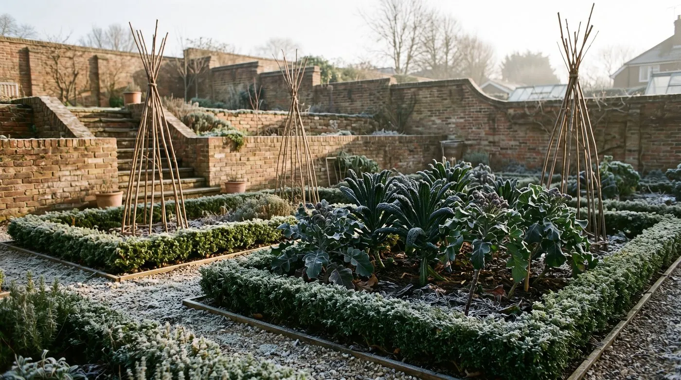 Potager in winter with cavolo nero, purple sprouting broccoli, herb edging and bare bean wigwams