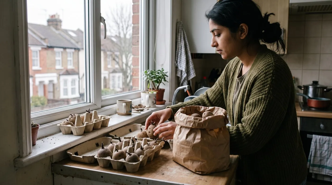 Woman setting whole seed potatoes to chit in egg trays on a bright windowsill