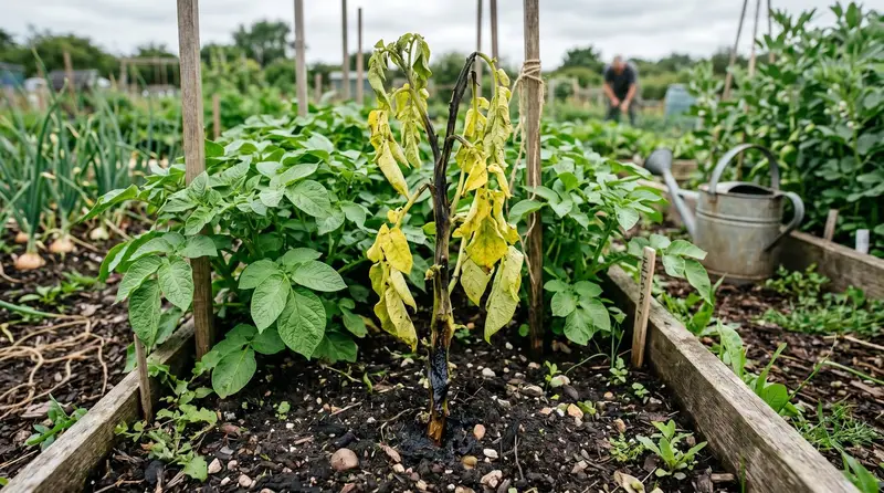 A potato plant with the blackened, slimy stem base and yellowing foliage typical of blackleg disease