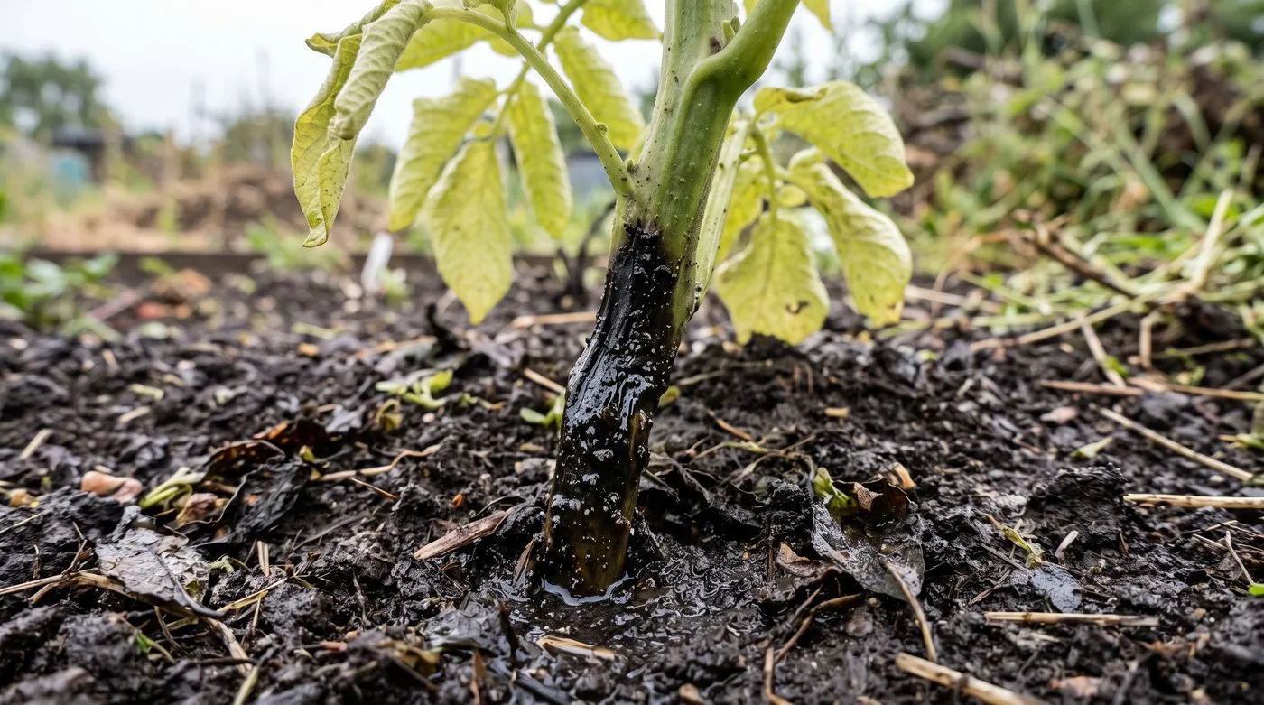 Potato stem rotted black, wet and soft at soil level, with pale yellowing leaves above