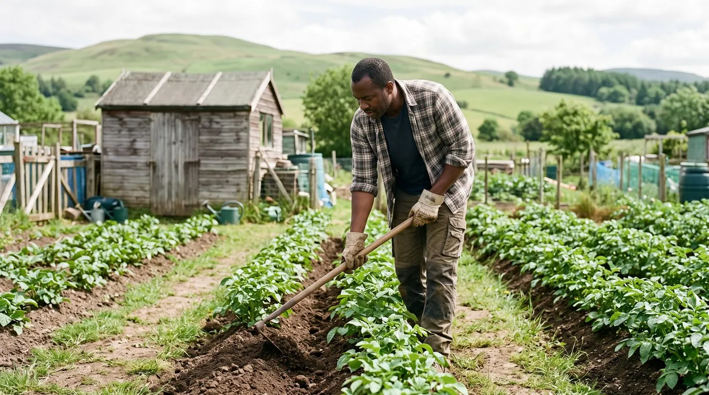 Gardener drawing soil into high ridges around well-spaced potato plants with a hoe