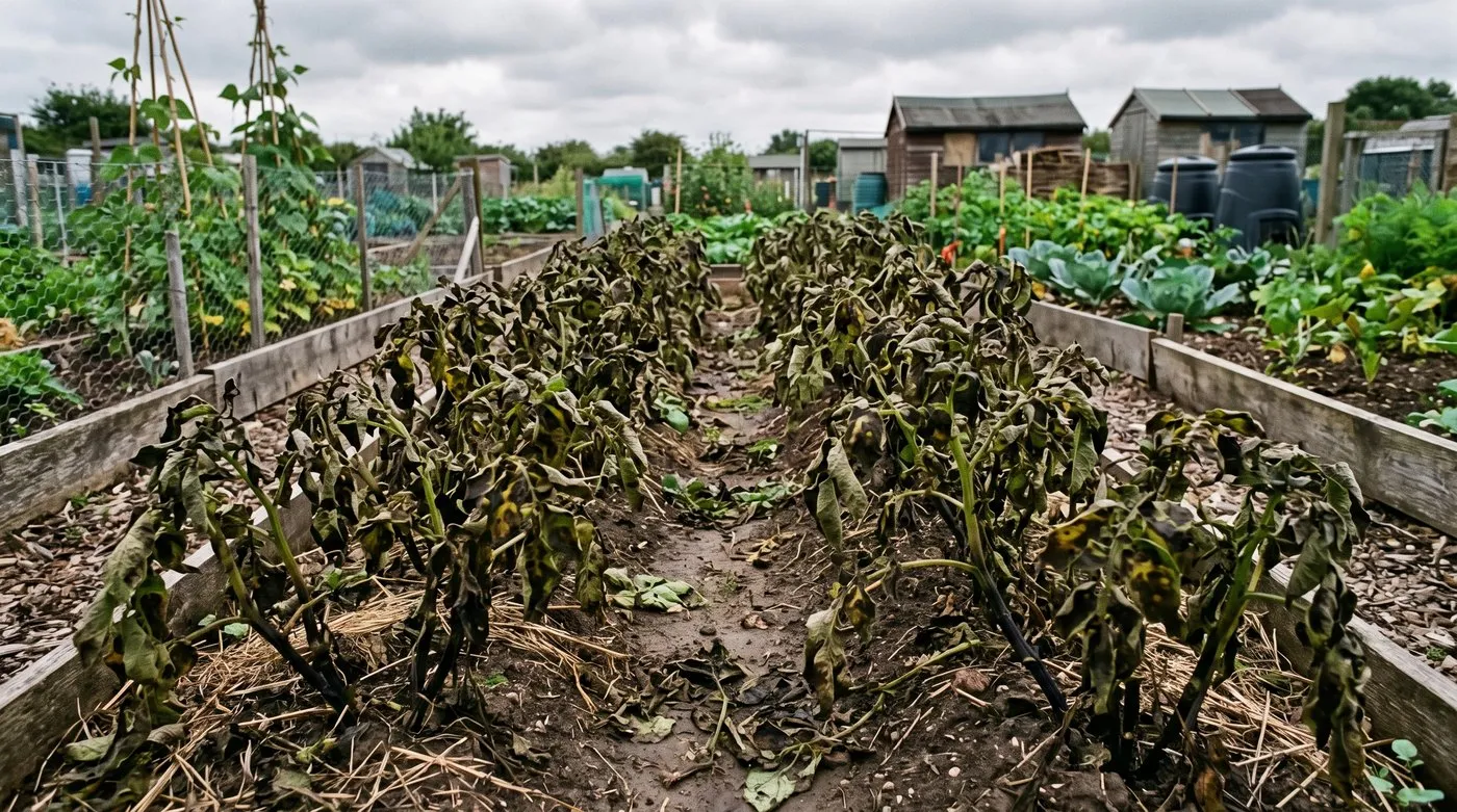 Allotment potato rows with foliage collapsing from potato blight under a humid grey UK sky