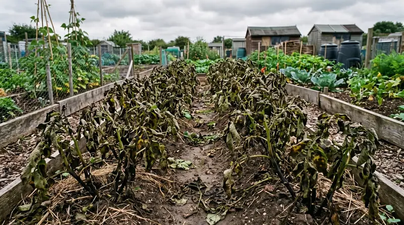 Allotment potato rows with foliage collapsing from potato blight under a humid grey UK sky