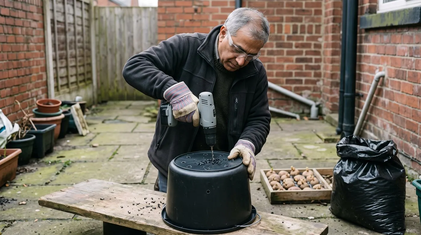 Man in safety glasses drilling drainage holes in the base of an upturned black bucket in a paved back yard