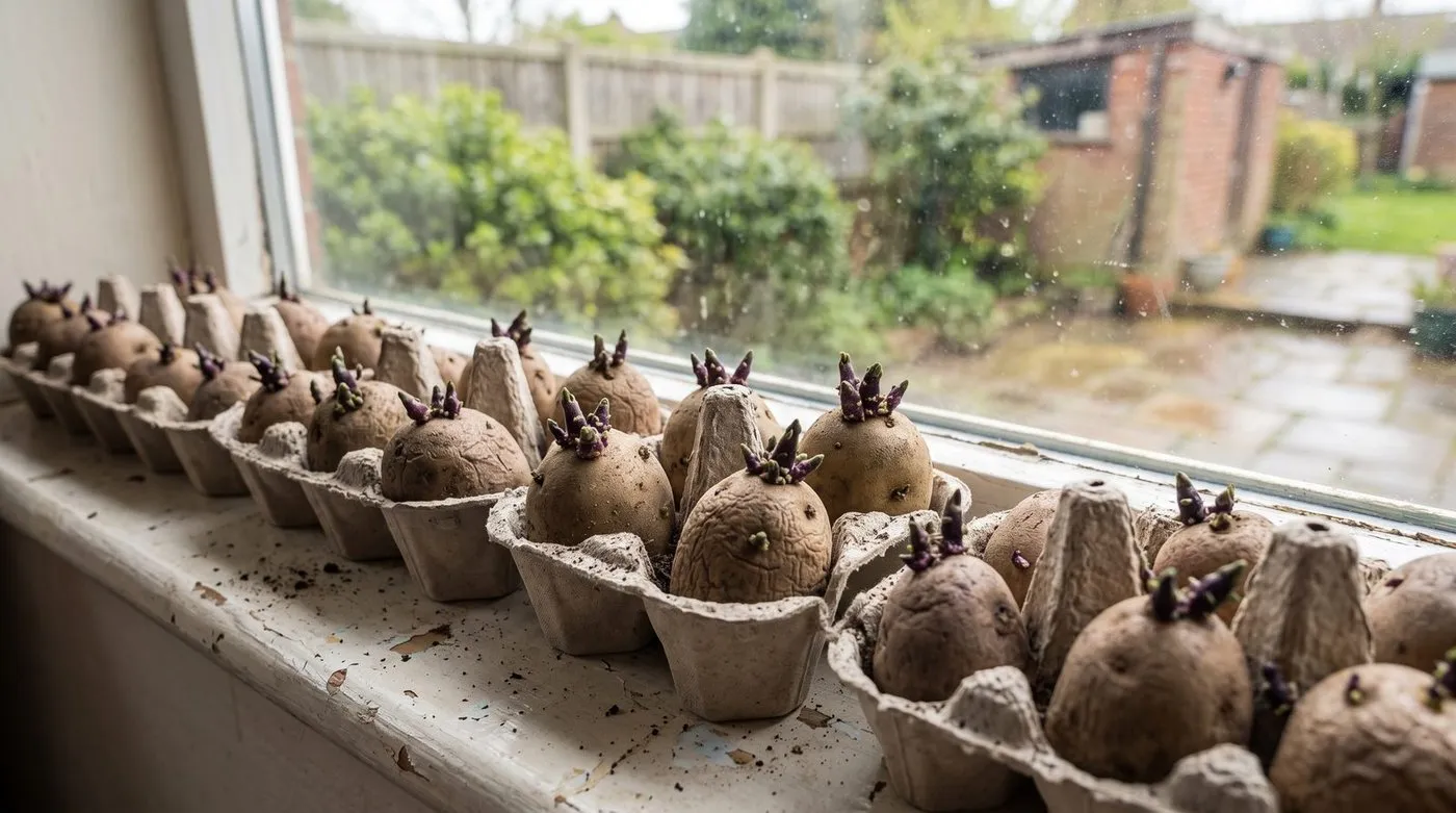 Seed potatoes chitting in egg boxes on a bright windowsill with short green-purple sprouts visible