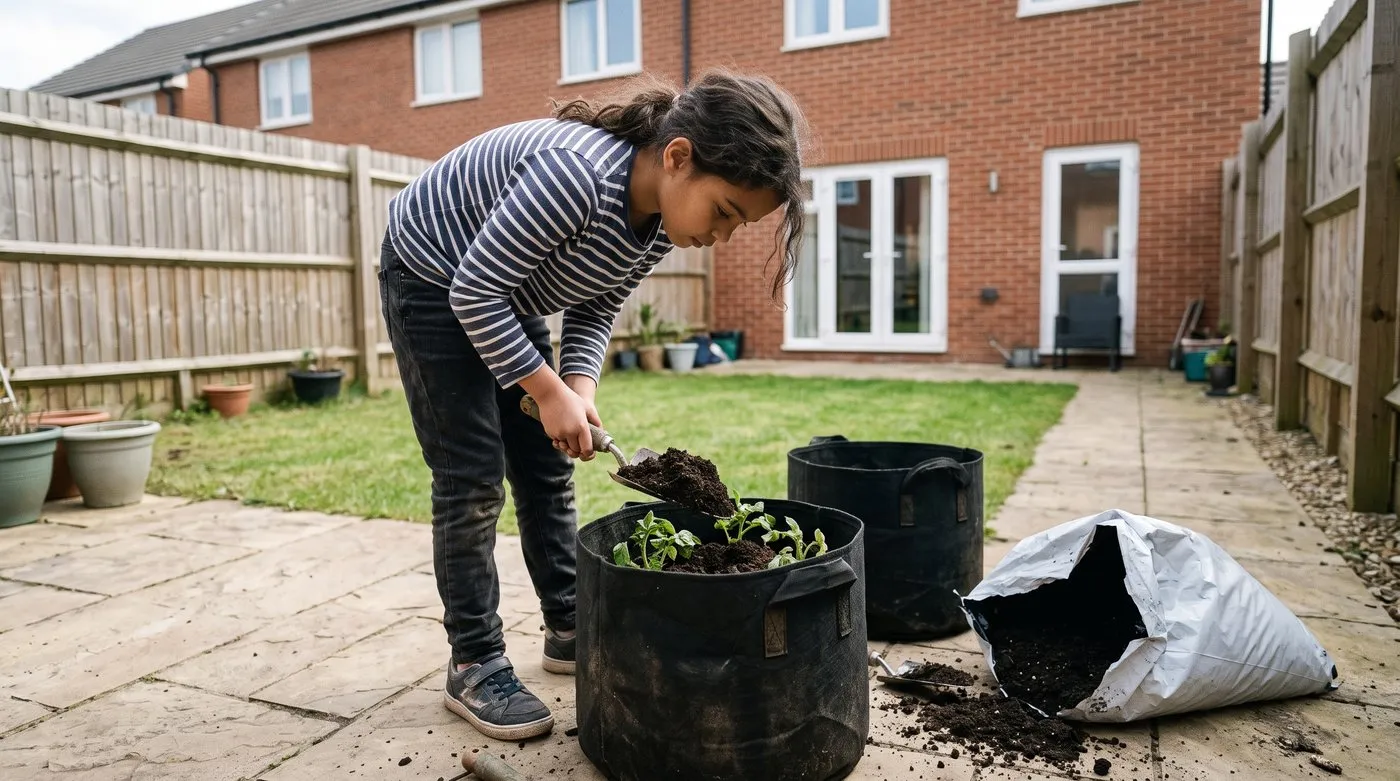 Girl adding compost to a potato grow bag to cover the shoots, earthing up potatoes in a container