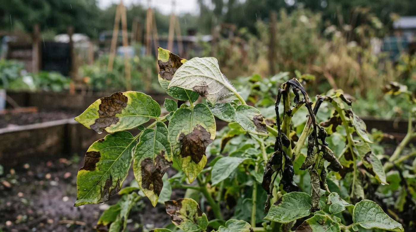Potato leaves with dark brown blight patches and yellow edges collapsing in wet August weather