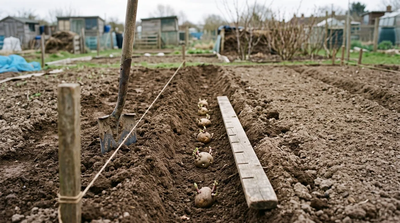 Chitted seed potatoes set 30cm apart in a trench with shoots facing up, ready to cover