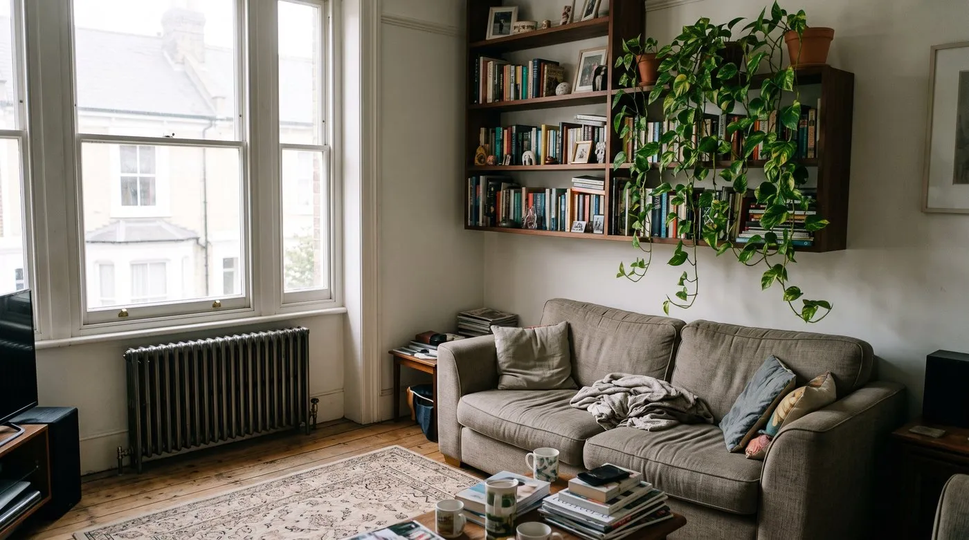 Golden pothos trailing from a bookshelf a little way back from a bright window