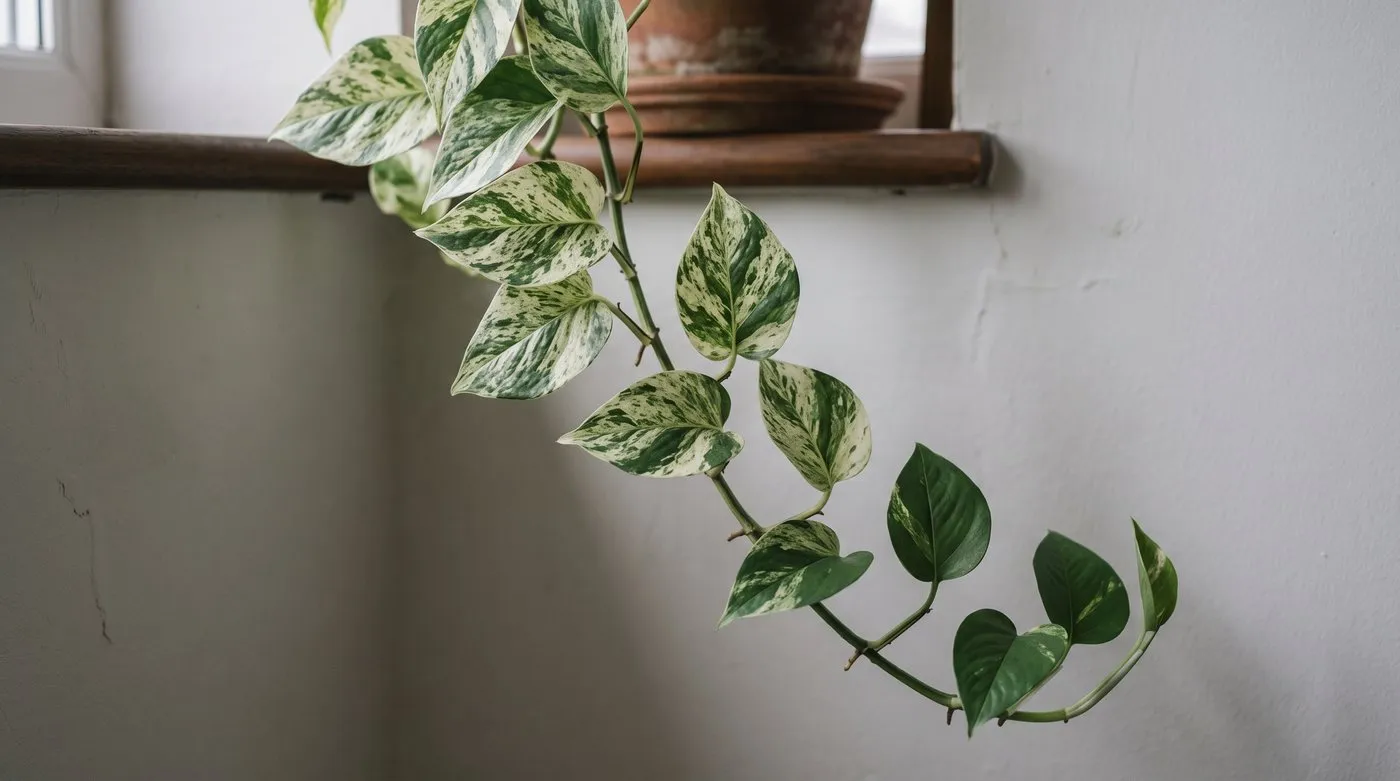 Marble queen pothos with white-marbled older leaves and plain green new leaves