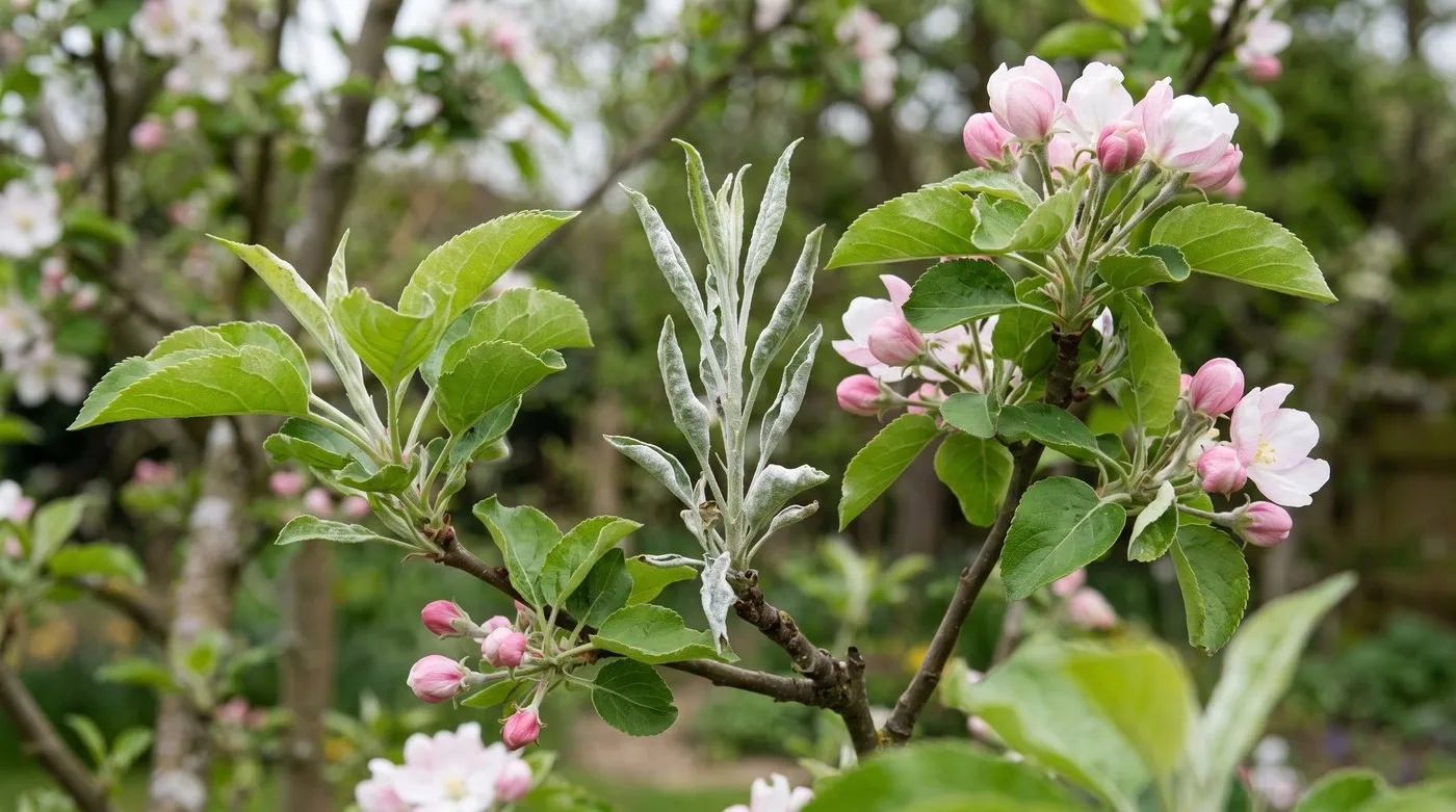 Apple shoot coated in silvery-white powdery mildew next to healthy leaves and blossom