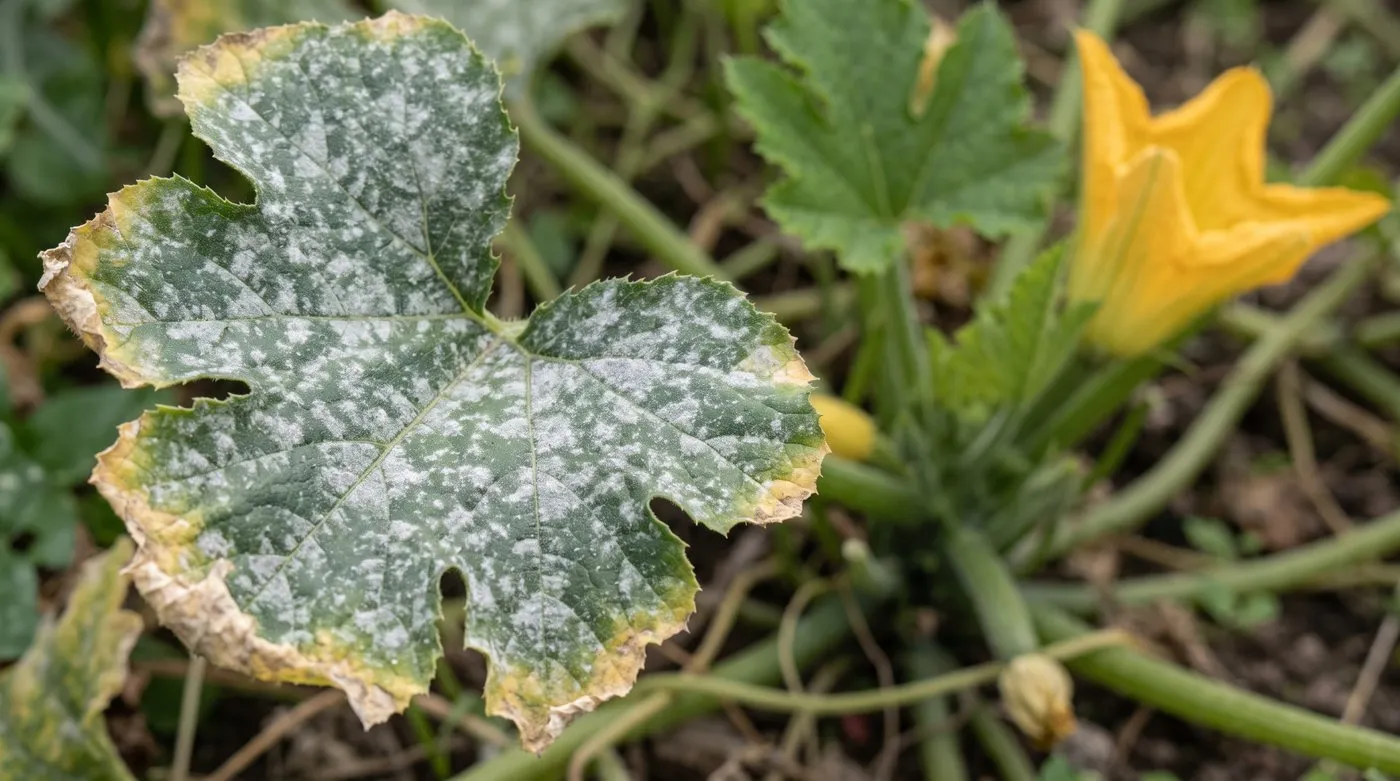 Courgette leaf covered in white, floury patches of powdery mildew in late summer